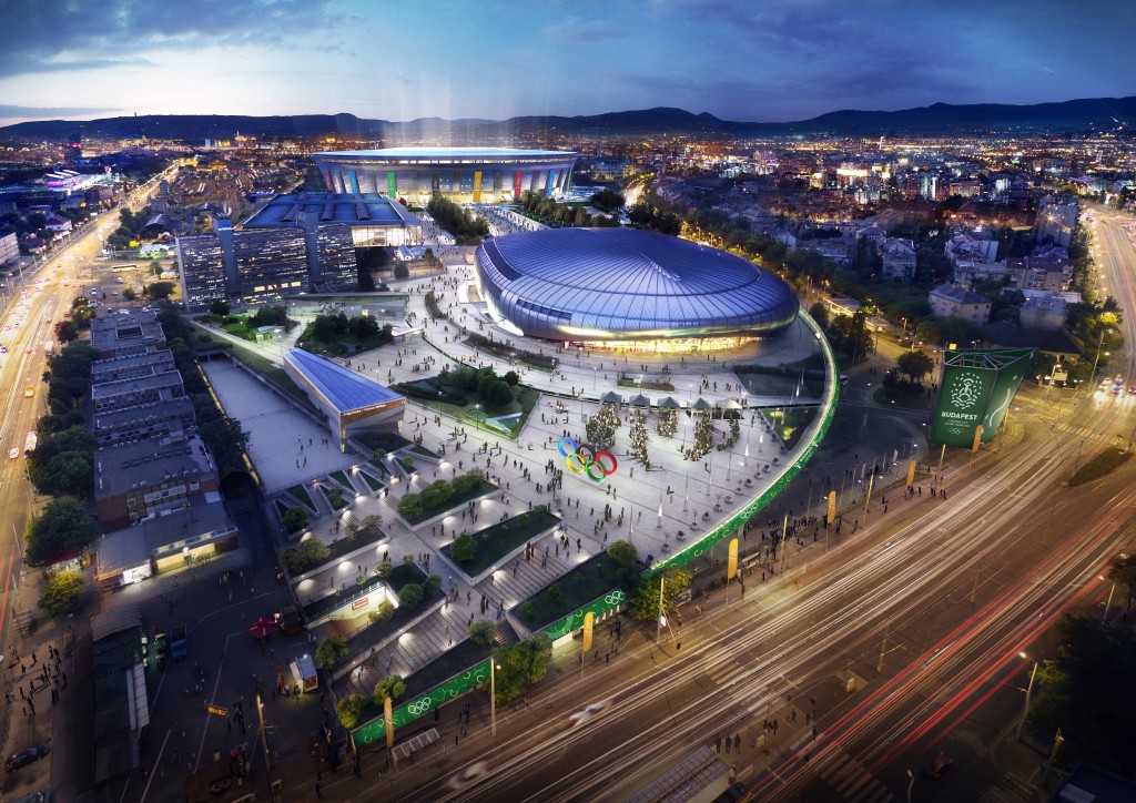 Budapest, 2017. január 4. A Budapest 2024 által 2017. január 4-én közölt legfrissebb aktuális látványterv a 2024-ben a magyar fõvárosban esetleg megrendezésre kerülõ olimpia Puskás helyszíncsoportjáról, amely a labdarúgótorna mérkõzéseinek helyet adó Puskás Ferenc Stadiont (hátul középen), a kosárlabda-mérkõzések helyszínét, a Papp László Budapest Sportarénát (középen), valamint a tornászok versenyének helyet adó Syma Rendezvényközpontot (a Puskás-stadion elõtt balra) foglalja magában. A látványtervet a Brick Visual, az építési terveket a BORD Építész Stúdió készítette. A 2024-es olimpia rendezési jogáért a magyar fõváros Los Angelesszel és Párizzsal verseng, a Nemzetközi Olimpiai Bizottság (NOB) szeptember 13-án, Limában dönt a helyszínrõl. MTI Fotó