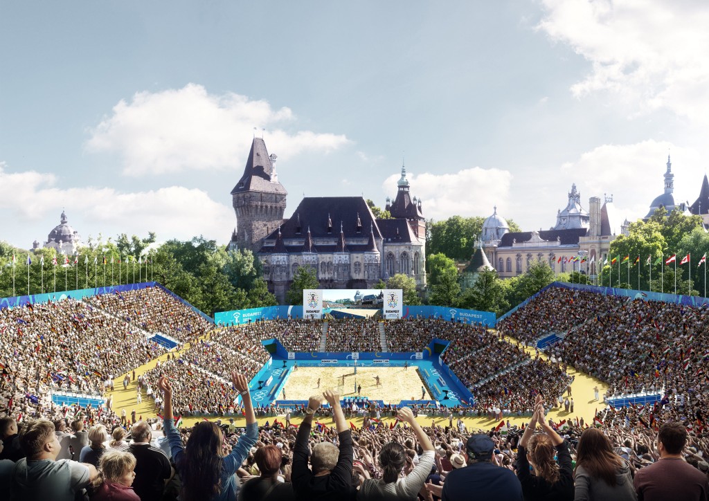 Budapest, 2017. január 4. A Budapest 2024 által 2017. január 4-én közölt legfrissebb aktuális látványterv a Városligeti Strandröplabdaközpontról, az esetleges 2024-es budapesti olimpia egyik versenyhelyszínérõl. A látványtervet a Brick Visual, az építési terveket a BORD Építész Stúdió készítette. A 2024-es olimpia rendezési jogáért a magyar fõváros Los Angelesszel és Párizzsal verseng, a Nemzetközi Olimpiai Bizottság (NOB) szeptember 13-án, Limában dönt a helyszínrõl. MTI Fotó