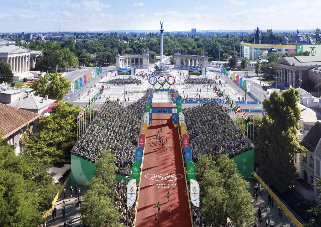 Budapest, 2017. január 4. A Budapest 2024 által 2017. január 4-én közölt legfrissebb aktuális látványterv a Hõsök terérõl, az esetleges 2024-es budapesti olimpia országúti kerékpárversenyeinek, a gyaloglásnak és a maratonfutásnak a rajt-cél helyszínérõl. A látványtervet a Brick Visual, az építési terveket a BORD Építész Stúdió készítette. A 2024-es olimpia rendezési jogáért a magyar fõváros Los Angelesszel és Párizzsal verseng, a Nemzetközi Olimpiai Bizottság (NOB) szeptember 13-án, Limában dönt a helyszínrõl. MTI Fotó