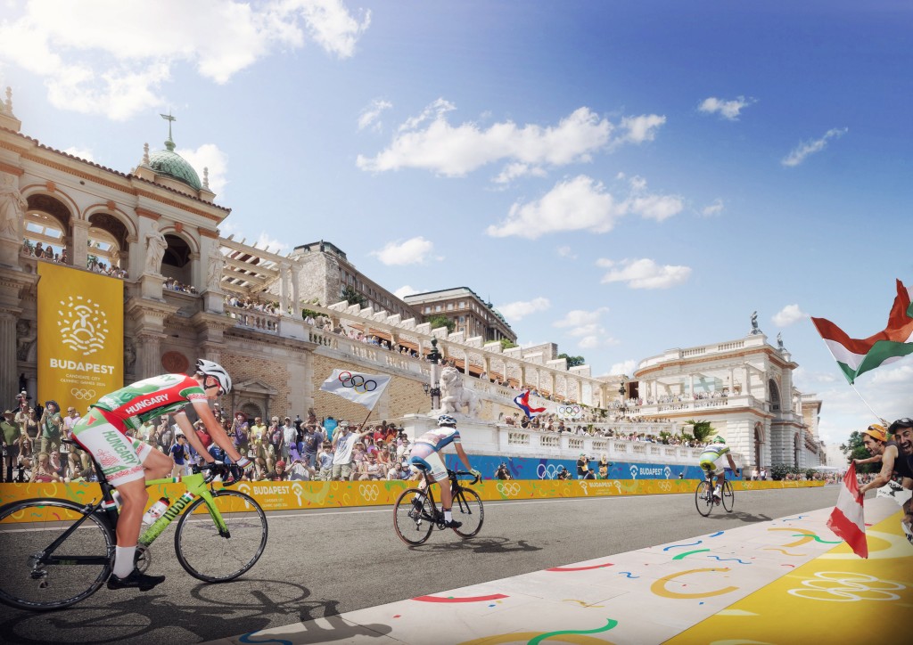 Budapest, 2017. január 4. A Budapest 2024 által 2017. január 4-én közölt legfrissebb aktuális látványterv a Várkert Bazár elõtti területrõl, ahol az esetleges 2024-es budapesti olimpia kerékpárversenyeinek mezõnye elhalad. A látványtervet a Brick Visual, az építési terveket a BORD Építész Stúdió készítette. A 2024-es olimpia rendezési jogáért a magyar fõváros Los Angelesszel és Párizzsal verseng, a Nemzetközi Olimpiai Bizottság (NOB) szeptember 13-án, Limában dönt a helyszínrõl. MTI Fotó