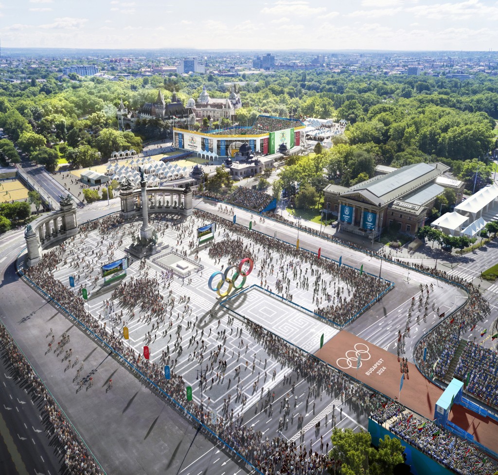 Budapest, 2017. január 4.  A Budapest 2024 által 2017. január 4-én közölt legfrissebb aktuális látványterv a Hõsök terérõl, az esetleges 2024-es budapesti olimpia országúti kerékpárversenyeinek, a gyaloglásnak és a maratonfutásnak a rajt-cél helyszínérõl. A látványtervet a Brick Visual, az építési terveket a BORD Építész Stúdió készítette. A 2024-es olimpia rendezési jogáért a magyar fõváros Los Angelesszel és Párizzsal verseng, a Nemzetközi Olimpiai Bizottság (NOB) szeptember 13-án, Limában dönt a helyszínrõl. MTI Fotó